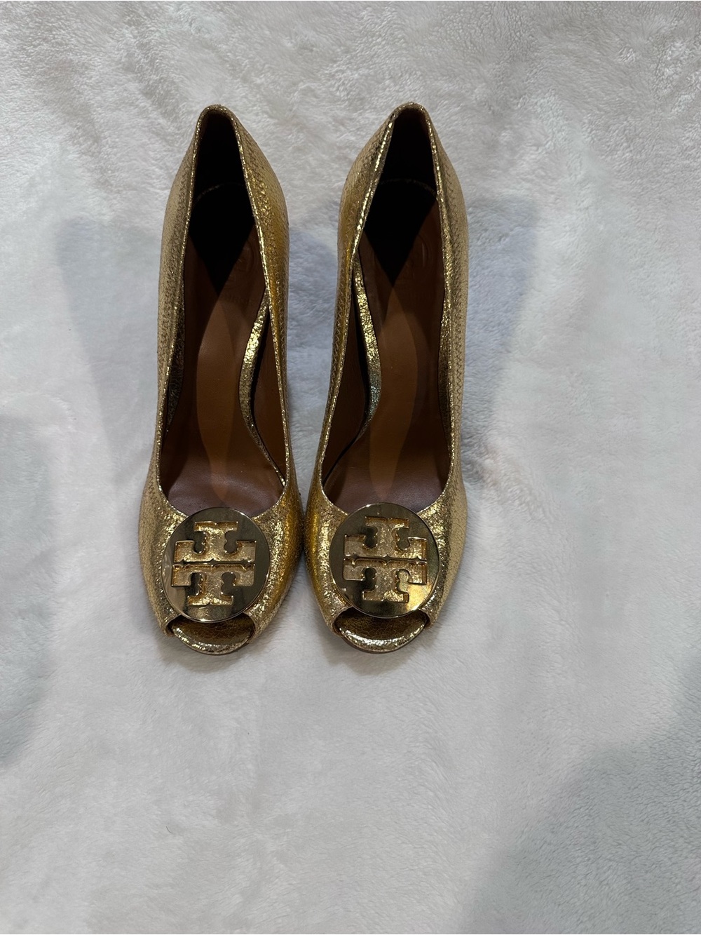 Tory Burch Metallic Gold Peep-Toe Logo Pumps